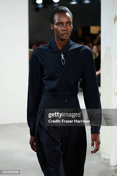 Model walks the runway at the Michael Sontag show during the Mercedes-Benz Fashion Week Berlin A/W 2017 at Kaufhaus Jandorf on January 19, 2017 in...