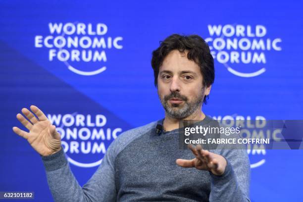 Google co-founder Sergey Brin gestures during a session of the World Economic Forum, on January 19, 2017 in Davos.