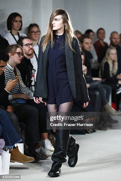 Model walks the runway at the Michael Sontag show during the Mercedes-Benz Fashion Week Berlin A/W 2017 at Kaufhaus Jandorf on January 19, 2017 in...