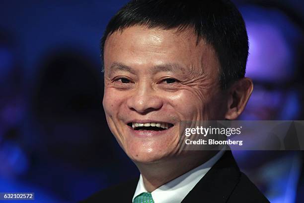 Billionaire Jack Ma, chairman of Alibaba Group Holding Ltd., reacts during a panel session at the World Economic Forum in Davos, Switzerland, on...