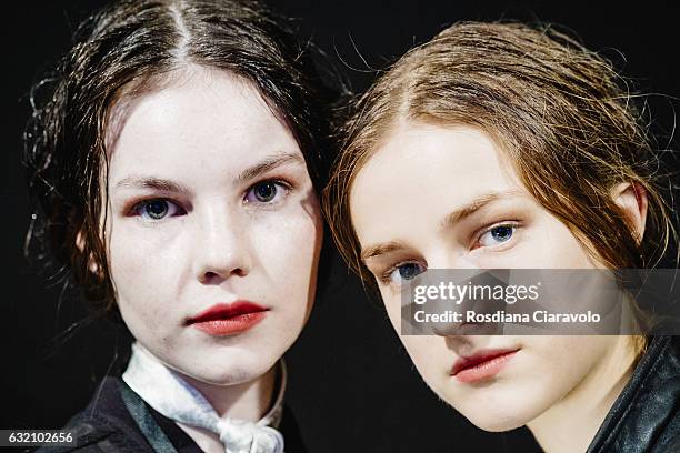 Models are seen backstage ahead of the Vladimir Karaleev show during the Mercedes-Benz Fashion Week Berlin A/W 2017 at Kaufhaus Jandorf on January...