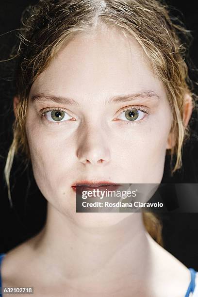 Model is seen backstage ahead of the Vladimir Karaleev show during the Mercedes-Benz Fashion Week Berlin A/W 2017 at Kaufhaus Jandorf on January 19,...