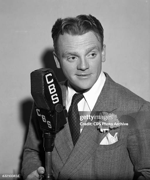 Portrait of actor James Cagney at CBS Radio microphone. Hollywood, CA. Image dated April 1, 1939.