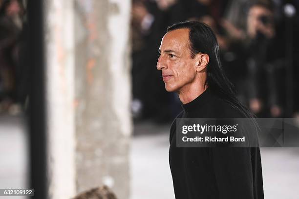 Designer Rick Owens walks the runway during the Rick Owens Menswear Fall/Winter 2017-2018 show at Palais de Tokyo as part of Paris Fashion Week on...