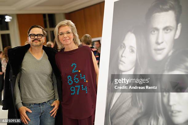 Kristian Schuller and Inga Griese attend the 'Icons in Fashion' vernissage during the Der Berliner Mode Salon A/W 2017 at Kronprinzenpalais on...