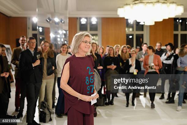 Inga Griese speaks on stage at the 'Icons in Fashion' vernissage during the Der Berliner Mode Salon A/W 2017 at Kronprinzenpalais on January 19, 2017...