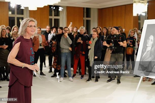 Inga Griese speaks on stage at the 'Icons in Fashion' vernissage during the Der Berliner Mode Salon A/W 2017 at Kronprinzenpalais on January 19, 2017...