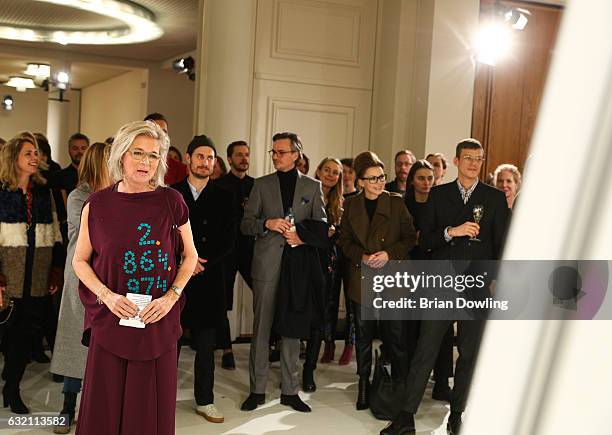 Inga Griese arrives for the 'Icons in Fashion' vernissage during the Der Berliner Mode Salon A/W 2017 at Kronprinzenpalais on January 19, 2017 in...