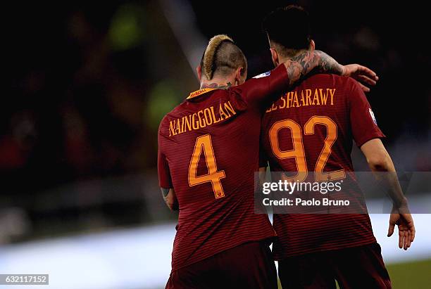 Stefan El Shaarawy with his teammate Radja Nainggolan of AS Roma celebrates after scoring the team's third goal during the TIM Cup match between AS...