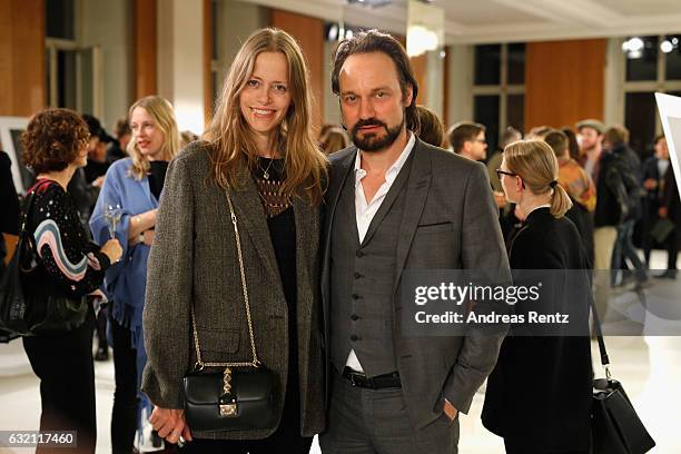 Anne Blank and Mario Eimuth attend the 'Icons in Fashion' vernissage during the Der Berliner Mode Salon A/W 2017 at Kronprinzenpalais on January 19,...