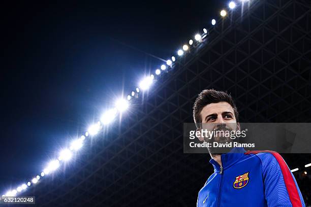 Gerard Pique of FC Barcelona looks on prior to kick-off during the Copa del Rey quarter-final first leg match between Real Sociedad and FC Barcelona...