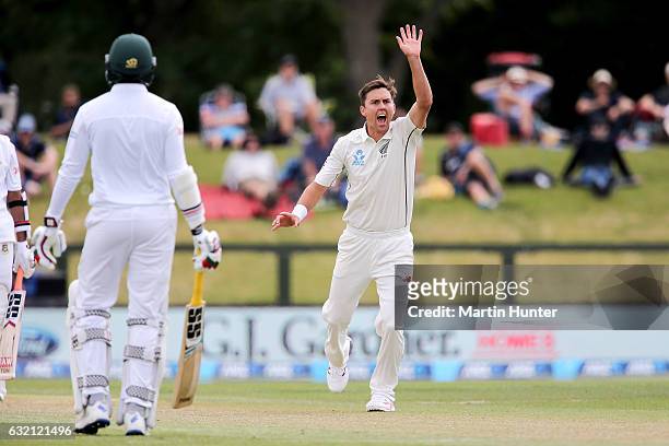 Trent Boult of New Zealand celebrates the wicket of Mahmudullah of Bangladesh during day one of the Second Test match between New Zealand and...