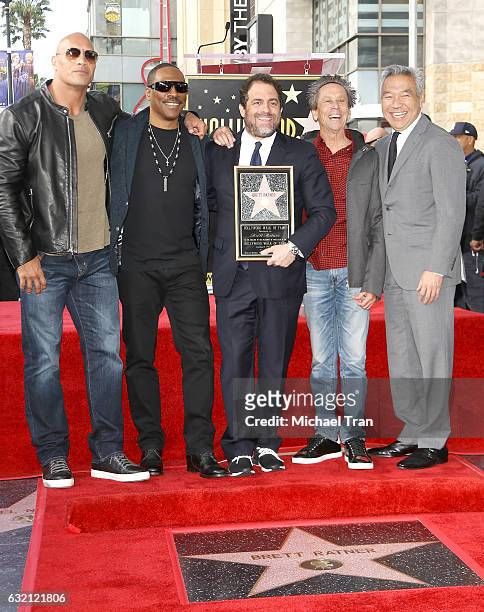 Dwayne Johnson, Eddie Murphy, Brett Ratner, Brian Grazer and Kevin Tsujihara attend the ceremony honoring Brett Ratner with a Star on The Hollywood...
