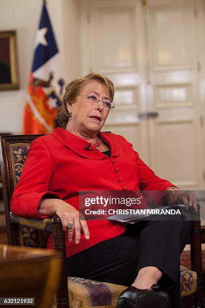 Chile's President Michelle Bachelet gives an interview to AFP in Santiago, on January 19, 2017. Bachelet said that she hopes Donald Trump will...