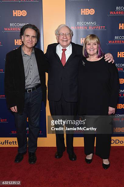 Peter Buffett, Warren Buffett, and Susie Buffett attend 'Becoming Warren Buffett' World Premiere at The Museum of Modern Art on January 19, 2017 in...