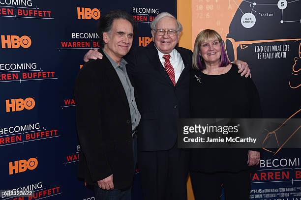 Peter Buffett, Warren Buffett, and Susie Buffett attend 'Becoming Warren Buffett' World Premiere at The Museum of Modern Art on January 19, 2017 in...