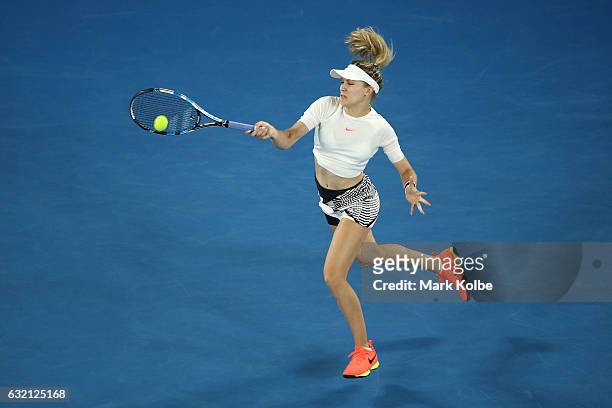 Eugenie Bouchard of Canada plays a forehand in her third round match against Coco Vandeweghe of the United States on day five of the 2017 Australian...