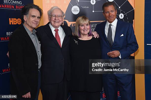 Peter Buffett, Warren Buffett, and Susie Buffett, and Chairman and CEO of HBO, Richard Plepler attend 'Becoming Warren Buffett' World Premiere at The...