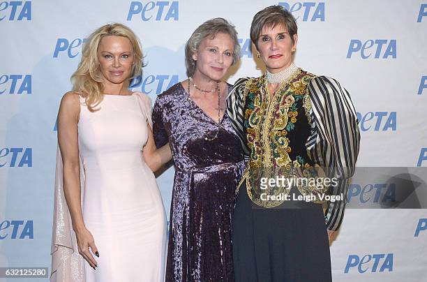 Pamela Anderson, Anna Wear, and political strategist Mary Matalin attend PETA's Animals' Party at The Willard Hotel on January 19, 2017 in...