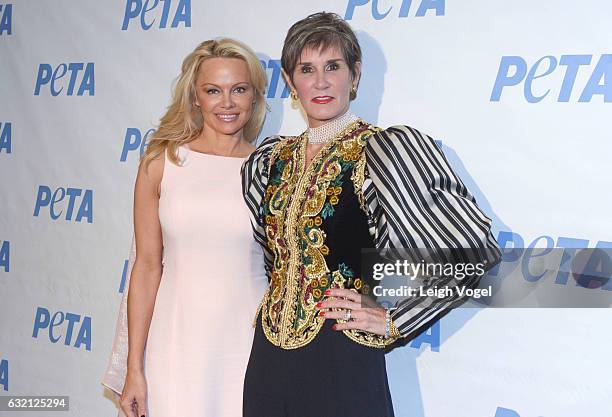 Pamela Anderson and political strategist Mary Matalin attend PETA's Animals' Party at The Willard Hotel on January 19, 2017 in Washington, DC.