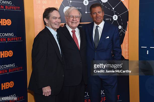 Director/producer Peter Kunhardt, Warren Buffett, and chairman and CEO of HBO, Richard Plepler attend 'Becoming Warren Buffett' World Premiere at The...