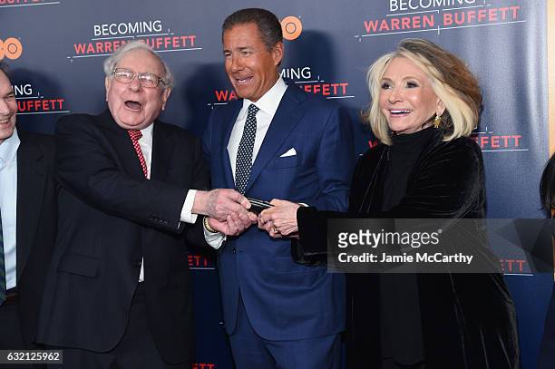 Warren Buffett, chairman and CEO of HBO, Richard Plepler, and President of HBO Documentary Films, Sheila Nevins attend 'Becoming Warren Buffett'...