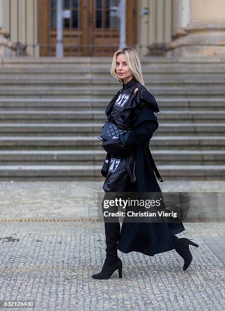 Lisa Hahnbueck wearing Julia Seeman Kleid, Marc Cain Maxicoat, Stuart Weitzman Alllegs Over Knee Boots, Chanel Boy Bag Medium size during the...