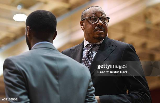 Head coach Donyell Marshall of the Central Connecticut State Blue Devils looks on before the game against the Robert Morris Colonials at Charles L....