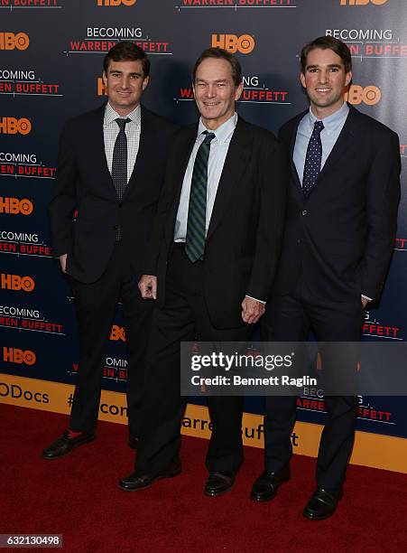 Producer George Kunhardt, director Peter Kunhardt, and producer Teddy Kunhardt attend "Becoming Warren Buffett" World premiere at The Museum of...