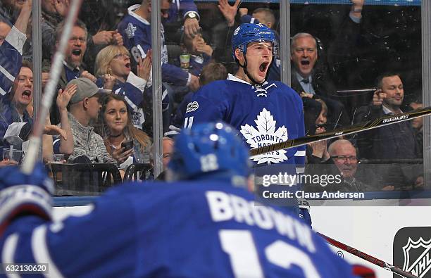 Zach Hyman of the Toronto Maple Leafs scores a short handed goal against the New York Rangers during an NHL game at the Air Canada Centre on January...