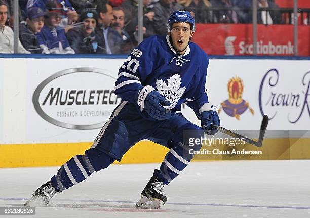 Frank Corrado of the Toronto Maple Leafs skates against the New York Rangers during an NHL game at the Air Canada Centre on January 19, 2017 in...