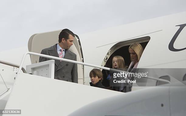 Donald Trump, Jr., wife Vanessa and children Donald Trump III and Chloe Sophia Trump arrive at Joint Base Andrews in January 19, 2017 in Maryland....