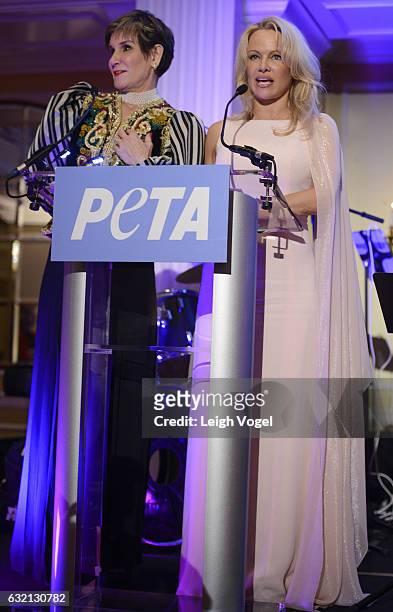 Mary Matalin and Pamela Anderson speaks during PETA's Animals' Party at The Willard Hotel on January 19, 2017 in Washington, DC.