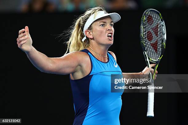 Coco Vandeweghe of the United States celebrates winning her third round match against Eugenie Bouchard of Canada on day five of the 2017 Australian...