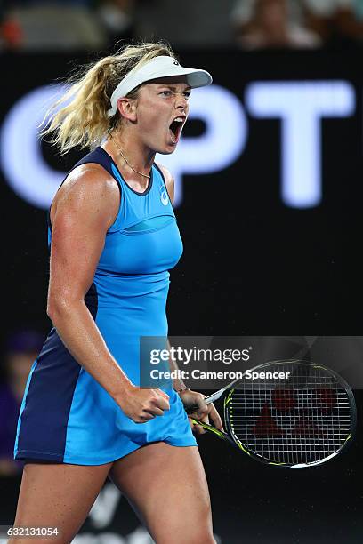 Coco Vandeweghe of the United States celebrates winning her third round match against Eugenie Bouchard of Canada on day five of the 2017 Australian...