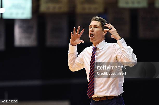 Head Coach Andrew Toole of the Robert Morris Colonials reacts to a play in the second half during the game against the Central Connecticut State Blue...