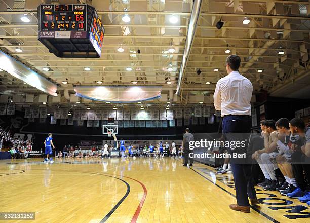 Head Coach Andrew Toole of the Robert Morris Colonials watches the final seconds of play in the second half during the game against the Central...