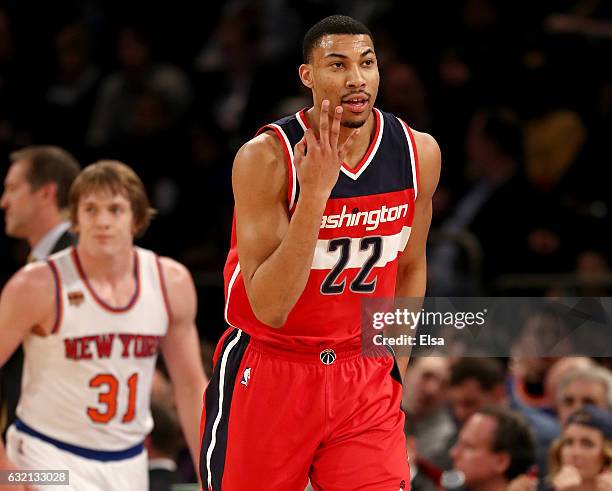 Otto Porter Jr. #22 of the Washington Wizards celebrates his three point shot in the second half against the New York Knicks at Madison Square Garden...