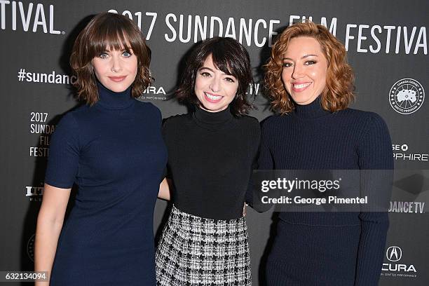 Actors Alison Brie, Kate Micucci, and Aubrey Plaza attend "The Little Hours" premiere during day 1 of the 2017 Sundance Film Festival at Library...