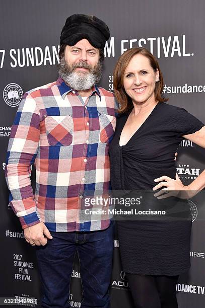 Actors Nick Offerman and Molly Shannon attend "The Little Hours" premiere during day 1 of the 2017 Sundance Film Festival at Library Center Theater...