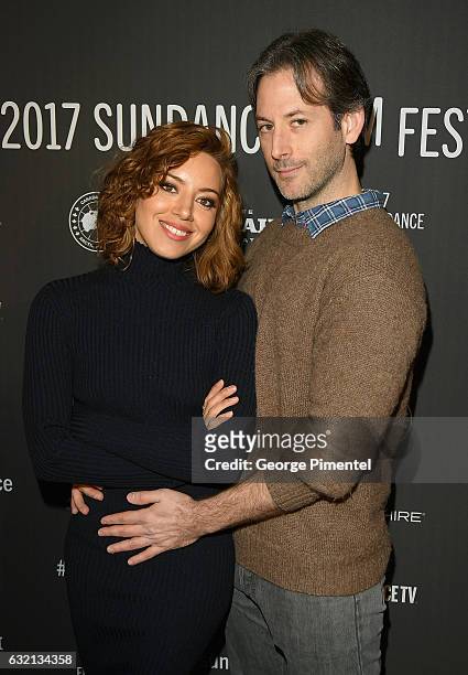 Actress Aubrey Plaza and director Jeff Baena attend "The Little Hours" premiere during day 1 of the 2017 Sundance Film Festival at Library Center...