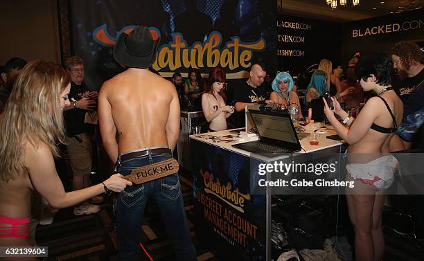 Webcam models perform at the Chaturbate booth during the 2017 AVN Adult Entertainment Expo at the Hard Rock Hotel & Casino on January 19, 2017 in Las...