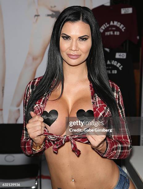 Adult film actress Jasmine Jae appears at the Evil Angel booth during the 2017 AVN Adult Entertainment Expo at the Hard Rock Hotel & Casino on...