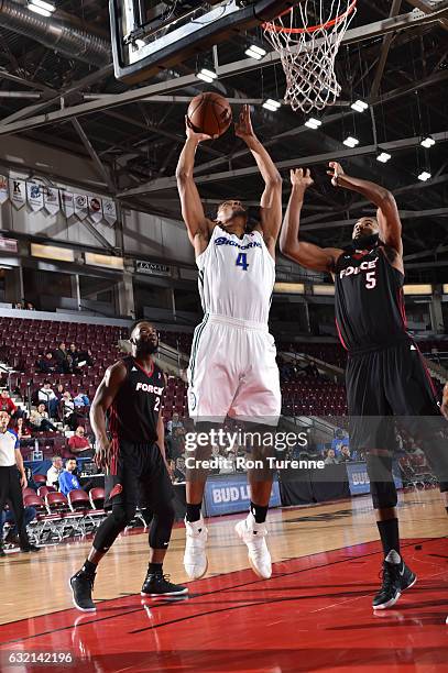 Cam Griffin of the Reno Bighorns shoots the ball over Keith Benson of the Sioux Falls Skyforce as part of 2017 NBA D-League Showcase at the Hershey...