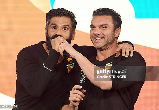 Indian Bollywood actors Suniel Shetty and Sohail Khan pose during the launch announcement of 'LIV FIT', the first health and wellness segment on an...