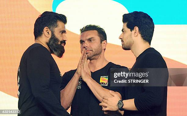 Indian Bollywood actors Suniel Shetty, , Sohail Khan and Sooraj Pancholi pose during the launch announcement of 'LIV FIT', the first health and...