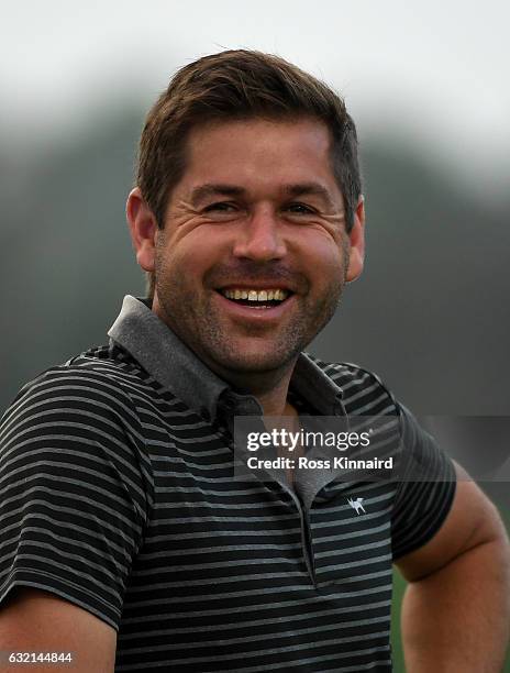 Robert Rock of England on the driving range during the second round of the Abu Dhabi HSBC Championship at Abu Dhabi Golf Club on January 20, 2017 in...