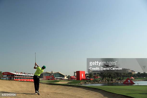 Rafa Cabrera Bello of Spain plays his second shot on the 18th hole during the second round of the 2017 Abu Dhabi HSBC Golf Championship at Abu Dhabi...
