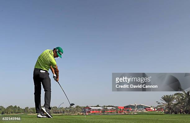 Rafa Cabrera Bello of Spain plays his tee shot on the 18th hole during the second round of the 2017 Abu Dhabi HSBC Golf Championship at Abu Dhabi...