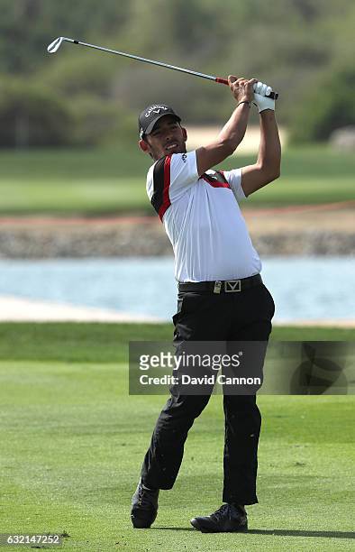 Pablo Larrazabal of Spain plays his second shot on the 9th hole during the second round of the Abu Dhabi HSBC Championship at the Abu Dhabi Golf Club...
